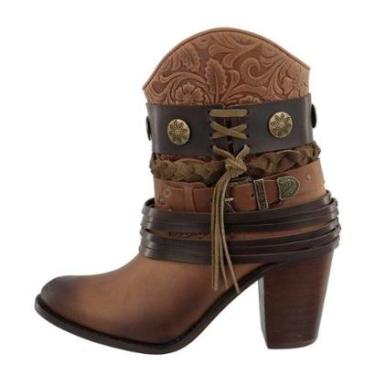 Imagem de Bota Feminina Country Texana Couro Cano Curto Salto Alto Detalhe Fivela e Tranças Rodeio Inverno-Feminino