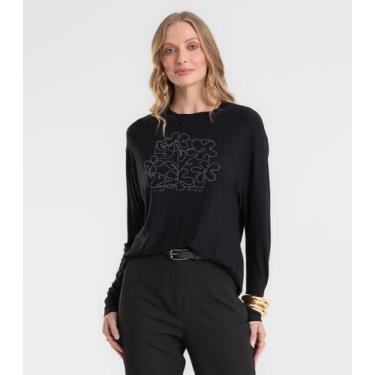 Imagem de Blusa Feminina Manga Longa Estampada Rovitex Preto, G, Preto
