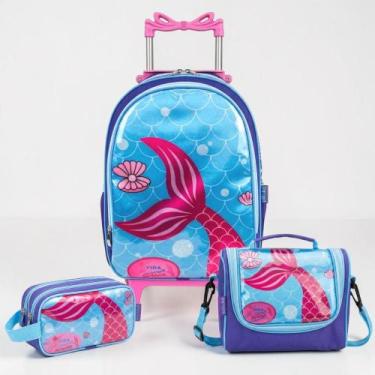 Imagem de Kit Mochila de Rodinha Escolar Sereia Infantil Feminino + Lancheira Tr