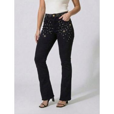 Imagem de Calça Feminina Flare Jeans Preto com Cós de Strass e Pedraria Mix Prem