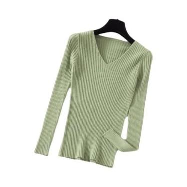 Imagem de Suéter Feminino De Tricô Gola V Manga Longa Para Outono Inverno - Blus