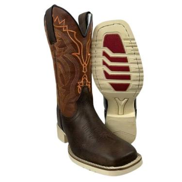 Imagem de Bota Texana Masculina La Mexicana Couro Marrom Castanho Bordado Laranj