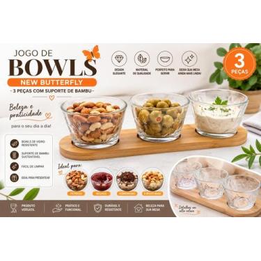 Imagem de Conjunto 3 Bowls com Suporte de Bambu New Butterfly 25,5cm x 9cm x 6cm