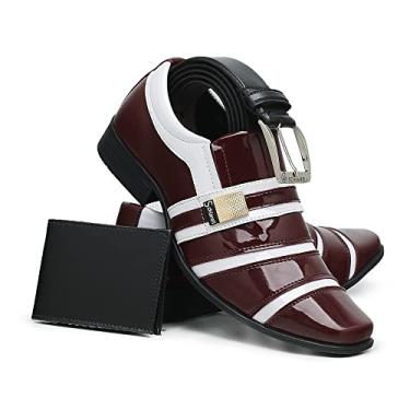 Imagem de Kit Sapato Social Masculino + Carteira e Cinto Verniz Brilho (44, Bordo/Branco)