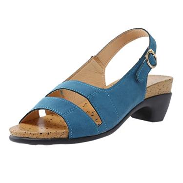 Imagem de Sandálias plataforma femininas casuais verão romanas sandálias abertas com fivela de couro sandálias planas de caminhada retrô sandálias a1, Azul, 8.5