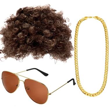 Imagem de Gejoy Conjunto de peruca masculina hippie discoteca com óculos de sol de celebridade dourada, corrente falsa para acessórios de festa dos anos 50/60/70, Cabelo castanho, 3 Piece Set