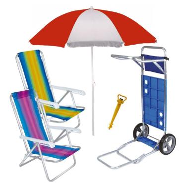 Imagem de Kit Praia Carrinho Com Avanço + Guarda Sol + 2 Cadeira Reclinável + Saca Areia - Mor