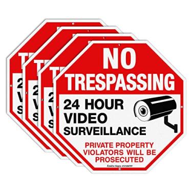 Imagem de Placa sem invasão de propriedade privada protegida por vídeo vigilância infratores serão processados, pacote com 4 alumínio refletivo de 25 x 25 cm, proteção UV, resistente a intempéries/desbotamento, fácil de instalar