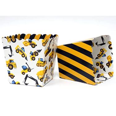 Imagem de Caixas de lanche para lembrancinha de festa de construção para suprimentos de festa de aniversário de crianças, chás de bebê, festas de escavação/construtor, eventos escolares. Conjunto de 12 caixas de cuidado reversíveis para caixas de pipoca recortadas de caminhão basculante