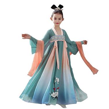 Imagem de Yajun Cosplay Hanfu para 8-14 anos Vestido de princesa de renda tradicional folk fantasia bordado poliéster roupa de palco antigo, verde, 110 cm