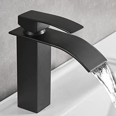 Imagem de LIDON Torneira de banheiro preta torneira de pia de latão banheiro 1 furo torneira preta fosca banheiro 1 furo torneira de pia de latão banheiro 1 furo torneira de cachoeira torneira quente e fria, preto B (cor: preto C)