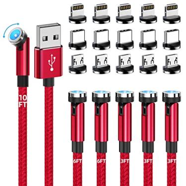 Imagem de Cabo de carregamento magnético, carregador de telefone magnético giratório de 540° [pacote com 6, 0,9 m/0,9 m/1,8 m/1,8 m/3 m] 3 em 1 cabo carregador magnético trançado de nylon USB magnético para iPhone/Micro USB/dispositivo tipo C - vermelho