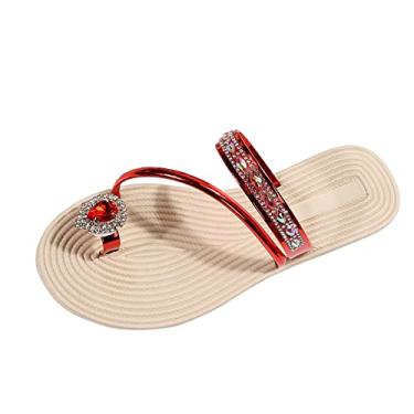 Imagem de Chinelos femininos de verão cor sólida couro strass dedo do pé palha tecido chinelos femininos femininos (vermelho, 7,5)