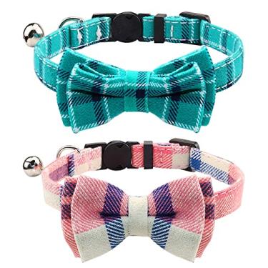 Imagem de Joytale Coleira de Gato Ajustável com Fivela de Liberação Rápida, Separatista Coleiras Seguras com Sino e Laço para Gatinho e Gatos, Coleira de Gravata Borboleta para Animais de Estimação com Padrões Xadrez, 2 Peças, Cerceta+Rosa