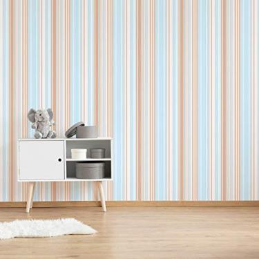 Imagem de Papel de Parede Listrado Bege e Azul Bebê 57x270cm