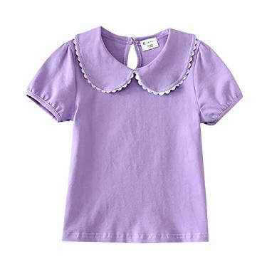 Imagem de Camiseta feminina de verão pequena de renda fresca manga curta lapela manga curta cor sólida para 0 a 6 roupas de verão para crianças (roxo, 18 a 24 meses)