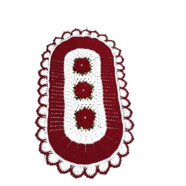 Imagem de Tapete Crochê Oval Sala Quarto Flores Branco Vermelho 69x50