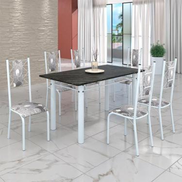 Imagem de Conjunto Sala de Jantar Bahia Mesa Tubo 140x75cm Tampo Pedra Ardósia Indiana com 6 Cadeiras Paraopeba/Branco
