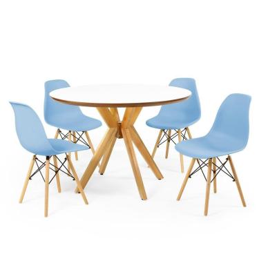 Imagem de Conjunto Mesa de Jantar Redonda Marci Premium Branca 100cm com 4 Cadeiras Eames Eiffel - Azul Claro