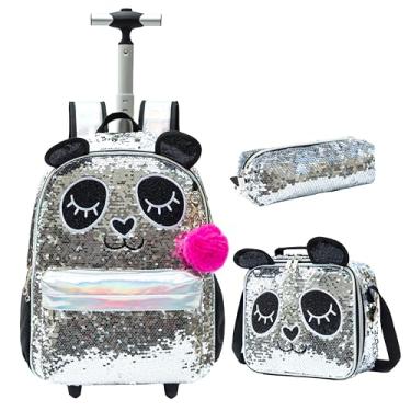 Imagem de CUTBLAJAT Mochilas de Rodinhas Infantis lantejoulas prateadas - Kit com Lancheira e Estojo - Estilo Princesa Panda (lantejoulas prateadas)