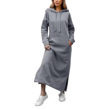 Imagem de Vestido longo com capuz solto feminino acolchoado moletom casual moda vestido grande bolso bonito vestidos curtos, Cinza, 3G