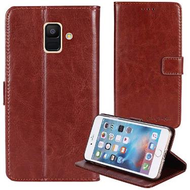 Imagem de TienJueShi Capa protetora de couro flip estilo livro marrom TPU silicone Etui carteira para Samsung Galaxy A8 2018 5,6 polegadas