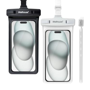 Imagem de wellhouse Bolsa de telefone à prova d'água, capa impermeável para iPhone 15 14 13 12 Pro Max XS Samsung, IPX8 3D bolsa seca para celular essenciais de praia preto + branco, pacote com 2 unidades de 7