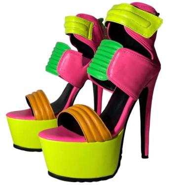 Imagem de Frankie Hsu Sandálias de salto alto plataforma stiletto sexy, moda neon colorido fluorescente rosa laranja amarelo verde gancho laço laço estilo festa, sapatos de designer de tamanho grande para