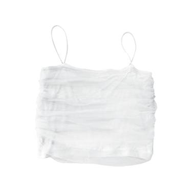 Imagem de Camiseta infantil de tule de malha para meninas, camiseta de verão, mistura de algodão, sutiã fino de cor doce, Branco, 3-4 Anos