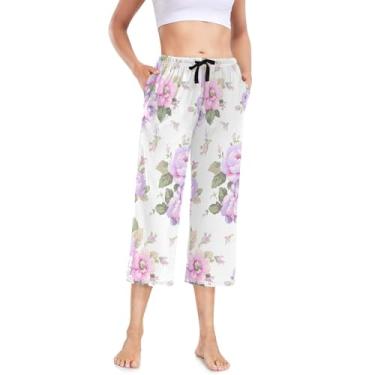 Imagem de KLL Calça de moletom feminina casual cropped feminina elegante calça pijama lilás e flores rosa, Flores lilás e rosa, Small