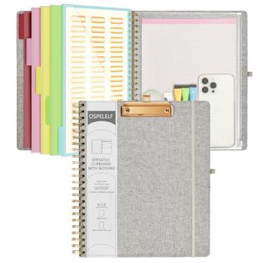 Imagem de Ospelelf Prancheta dobrável espiral com bolsa de armazenamento com zíper, 5 pastas de plástico com 10 bolsos, bloco de notas forrado recarregável (28 x 21,5 cm), organizador de projetos de capa dura com 39 adesivos (cinza)