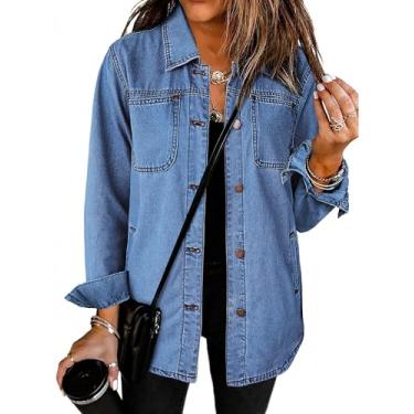 Imagem de luvamia Jaqueta jeans feminina moderna de manga comprida com botões, jaqueta jeans com bolso, jaqueta de trabalho ocidental, Azul médio, G
