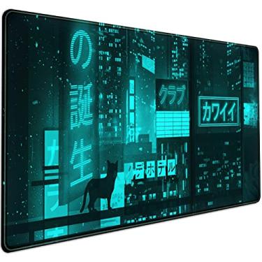 Imagem de Tapete de mesa japonês verde ciano, mouse pad estendido neon Tokyo tapete de mesa anime gato, mousepad para jogos XXL, tapete de teclado grande para jogadores, tapete de computador legal para mesa com