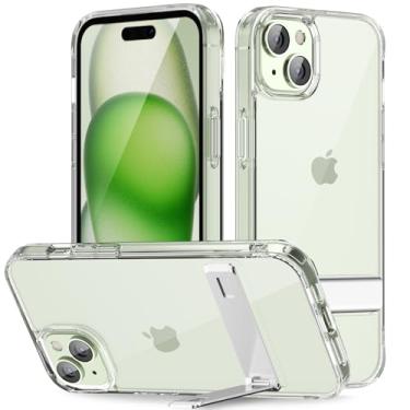 Imagem de oakxco Capa para iPhone 15 com suporte transparente de metal embutido, plástico rígido transparente e silicone TPU borda macia capa protetora para celular, fina e fina à prova de choque para mulheres