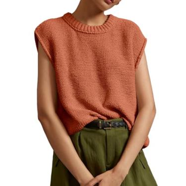 Imagem de Saodimallsu Suéter feminino sem mangas gola redonda malha canelada 2024 suéter moderno colete, Vermelho tijolo, GG
