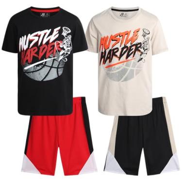 Imagem de Pro Athlete Conjunto de shorts ativos para meninos - 4 peças de camiseta de desempenho de ajuste seco e shorts de basquete (4-16), Preto/Bege Hustle Harder, 10-12