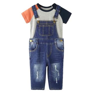 Imagem de CHUMHEY Conjunto de macacão para bebês e meninos, estampa gráfica de cachorrinho de carro, patchwork, algodão, verão, camiseta jeans, Cinza e azul - 0140, 3-4 Anos