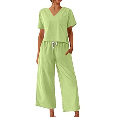Imagem de Conjunto feminino de 2 peças, blusa cropped de linho, manga curta e calça capri de cintura alta, conjunto de roupas modernas 2024, Verde, G