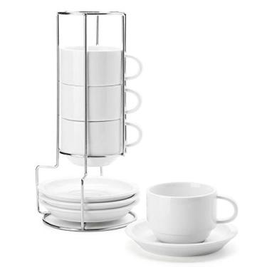 Imagem de Sweese Xícaras de cappuccino empilháveis de porcelana de 227 ml com pires e suporte de metal - para bebidas especiais de café, cappuccino, latte, americano e chá - Conjunto de 4, branco