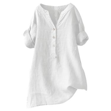 Imagem de Camiseta de linho feminina Henley cor sólida manga longa plus size túnica verão sair, Branco, P