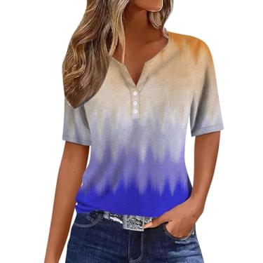 Imagem de Camiseta feminina de manga curta com botão de patchwork casual e respirável, Bege, XXG