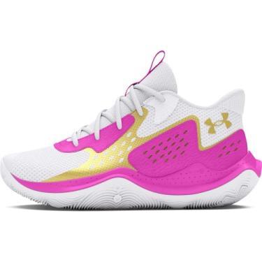 Imagem de Under Armour Tênis de basquete unissex infantil escolar Jet '23, (106) Branco/Magenta vívido/Ouro Metálico, 6.5 Big Kid