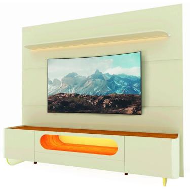 Imagem de Rack Bancada Nobre Com Painel Para TV Até 85 Polegadas Com Pés De Vidro e LED Royal Off White/Madeirado Gelius