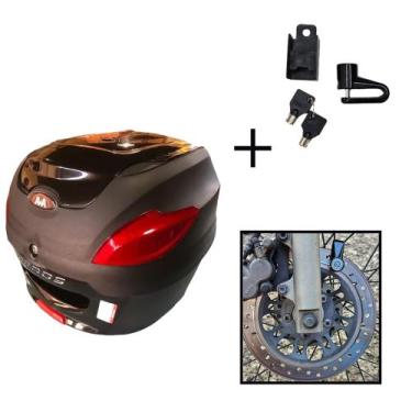 Imagem de Baú Bauleto 41l Awa + Cadeado Trava Disco Moto Antifurto, Preto brilha