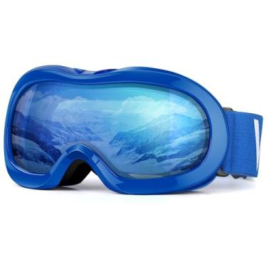 Imagem de VELAZZIO Óculos de esqui infantis, óculos de snowboard OTG óculos de neve lentes de camada dupla antiembaçamento, 100% de proteção UV (armação azul/lente azul com revestimento azul REVO (VLT 52%))