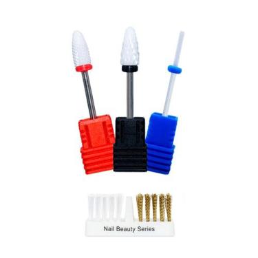 Imagem de Kit 3 Brocas Cerâmica Unhas de Gel + Escovinha Aço Limpeza - Arte Sedu