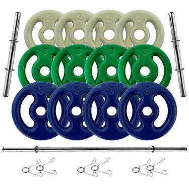 Imagem de Kit 40Kg Anilhas Emborrachadas com Barras de 40cm e 1,20m - SEPO