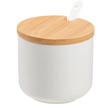 Imagem de VanEnjoy Açucareiro branco com tampa, tigela de açúcar de cerâmica de 293 ml, adega de sal com tampa e colher, pote de sal para temperar, recipiente de açúcar com colher
