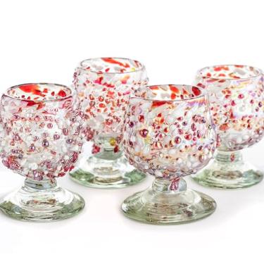 Imagem de Taças de shot autênticas de tequila mexicana (conjunto de 4) - Mini Snifters soprados à mão de 59 ml - Mistura festiva de pedras vermelhas e brancas, base pesada