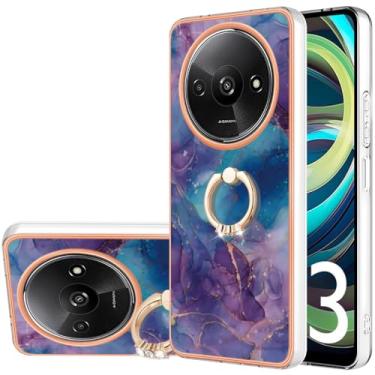 Imagem de Dinglijia Capa fina para Redmi A3, capa de suporte com anel de padrão de mármore IMD brilhante para meninas, capa de proteção de tela e câmera aprimorada para Redmi A3, YBCZH roxa